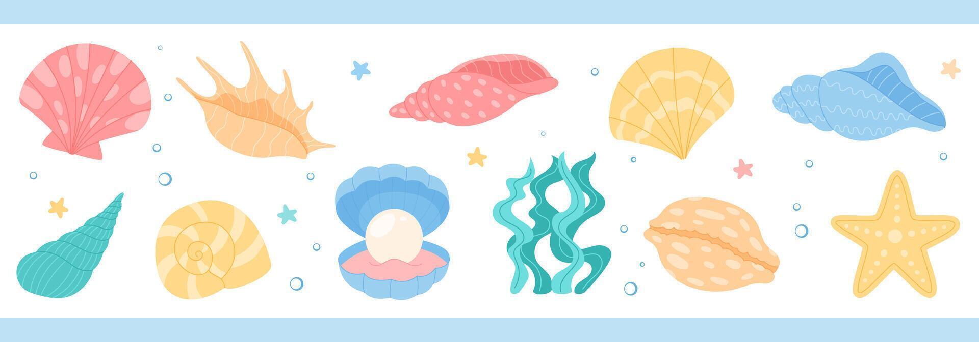 Cartoon shells and plants. Colorful seashells and coral, kelp, seagrass underwater set aquatic reef life. Ocean marine flora with starfish and clams, seaweed icons. All elements. vector