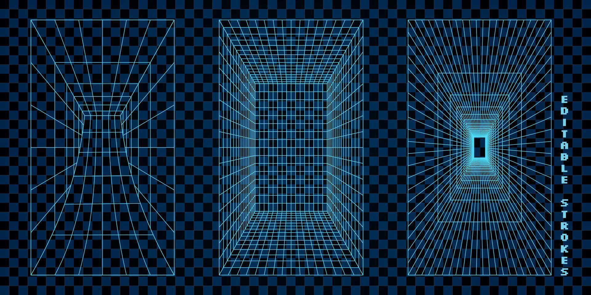 Abstract 3D grid shapes with wireframe mesh, rendered in neon blue. The geometric lines form futuristic y2k tunnels and cyber elements. Tech retro patterns on a dark background. vector