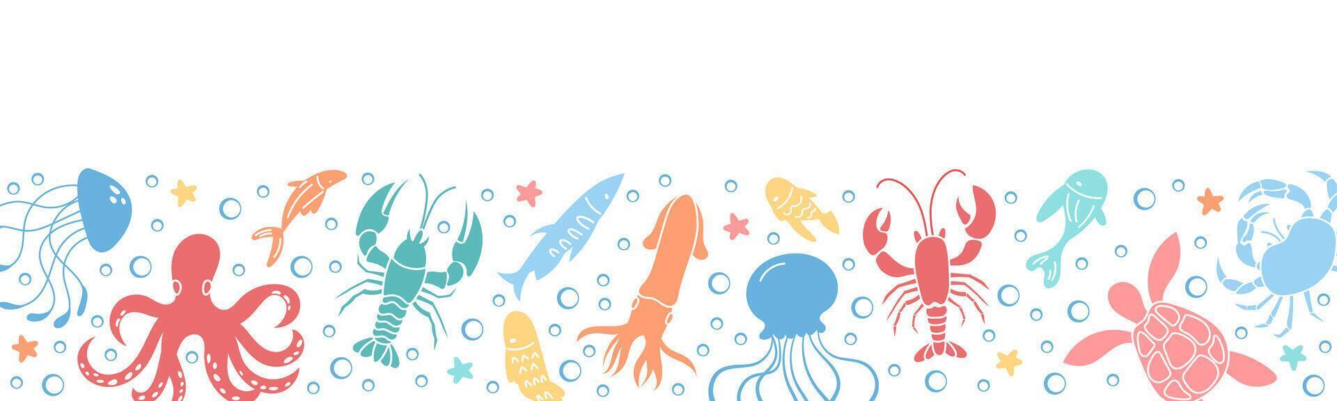 Decorative border featuring colorful underwater marine life. Various reef animals like turtles, starfish, and jellyfish bring liveliness to the sea scene background, in a playful water habitat. vector