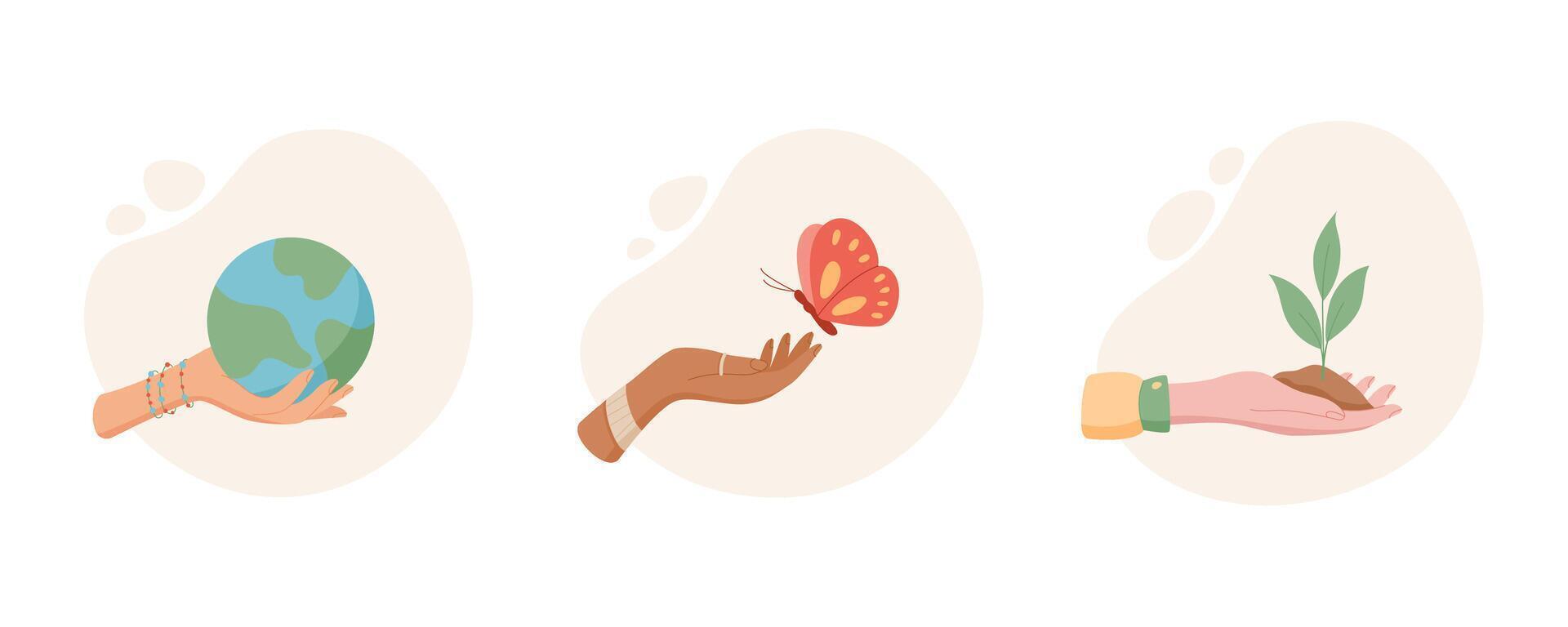 Hand hold earth and butterfly in a cartoon graphic style. Hand hold sprout symbol and planet icon, illustrating nature hope. Isolated set suitable for concepts of charity, peace, environmental care. vector