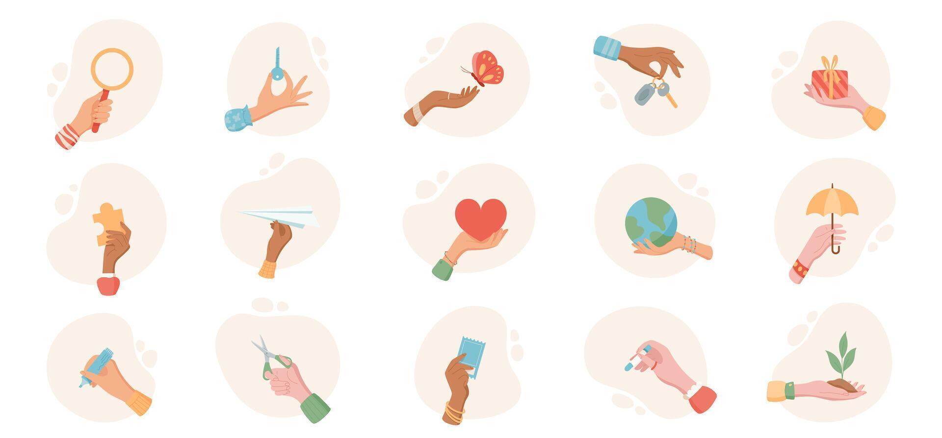 Female hand gestures and symbols set with items in cartoon flat style. Diverse actions like hold, give, and touch by human arms. Isolated icons with heart, planet, puzzle and gift for education. vector
