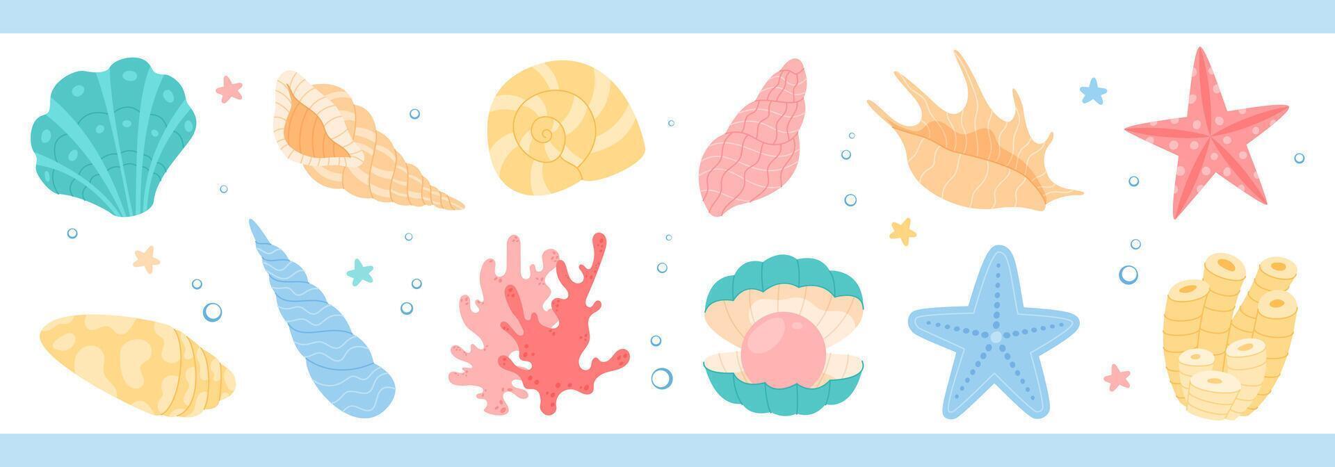 Cute cartoon undersea animals and plants. Colorful sticky shellfish, corals, starfish, and kelp. Ocean reef and beach life set underwater marine aquarium elements. vector
