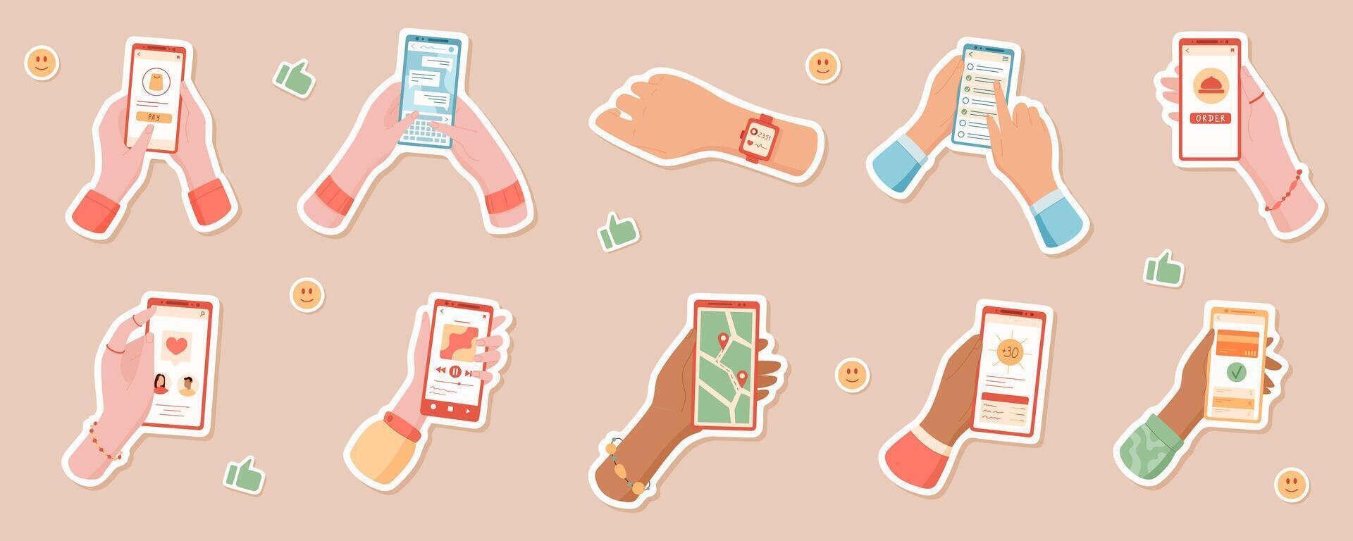 Hands hold smartphone sticker set with mobile apps and technology features. Concept of user interaction, communication, and social media in a flat design style. Ideal for digital marketing. vector