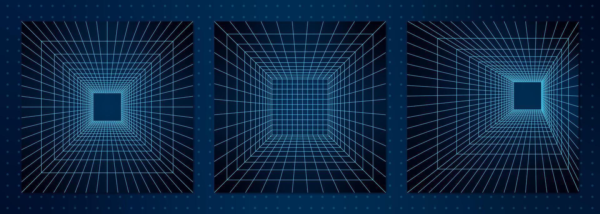 Abstract 3d grid portals with neon lines creating geometric wireframe shapes on dark background. Retro Y2K mesh tunnel design featuring symmetrical patterns in an abstract techno style. vector