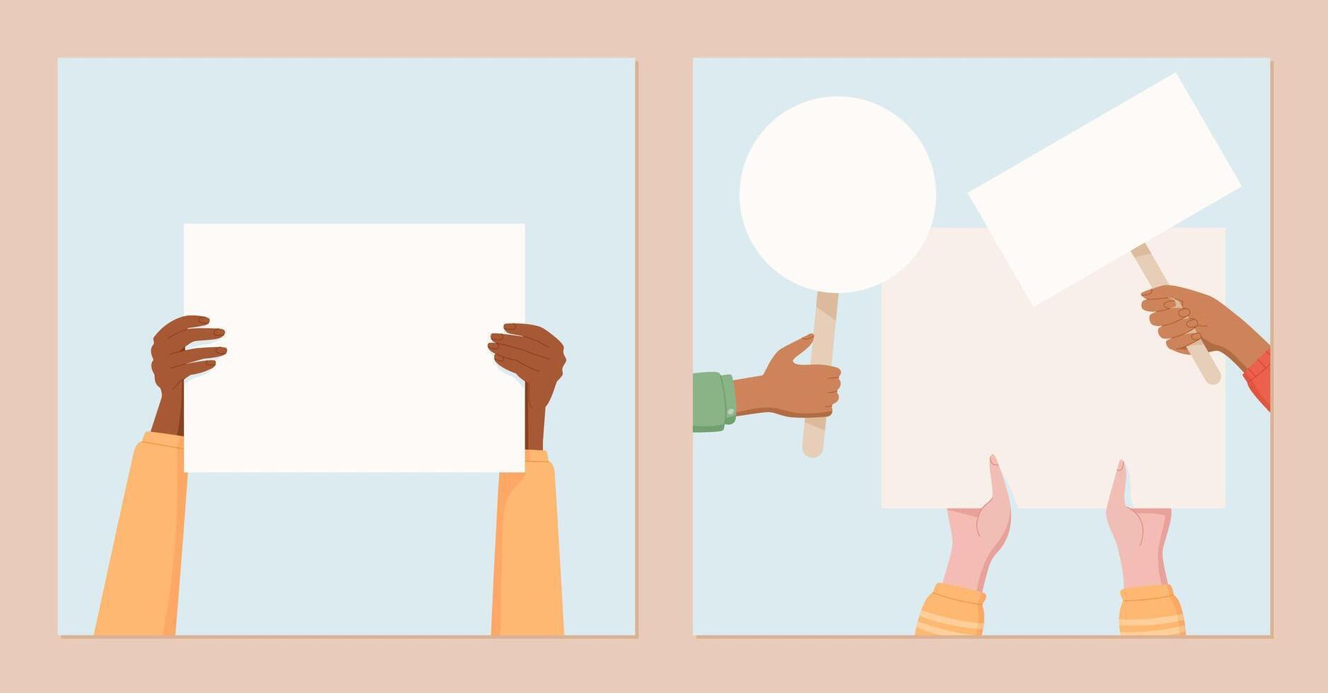 Hands hold blank signs high for an election. Social media template with people united in solidarity for politics and political campaign, showing vote rally support with empty banners and placards. vector