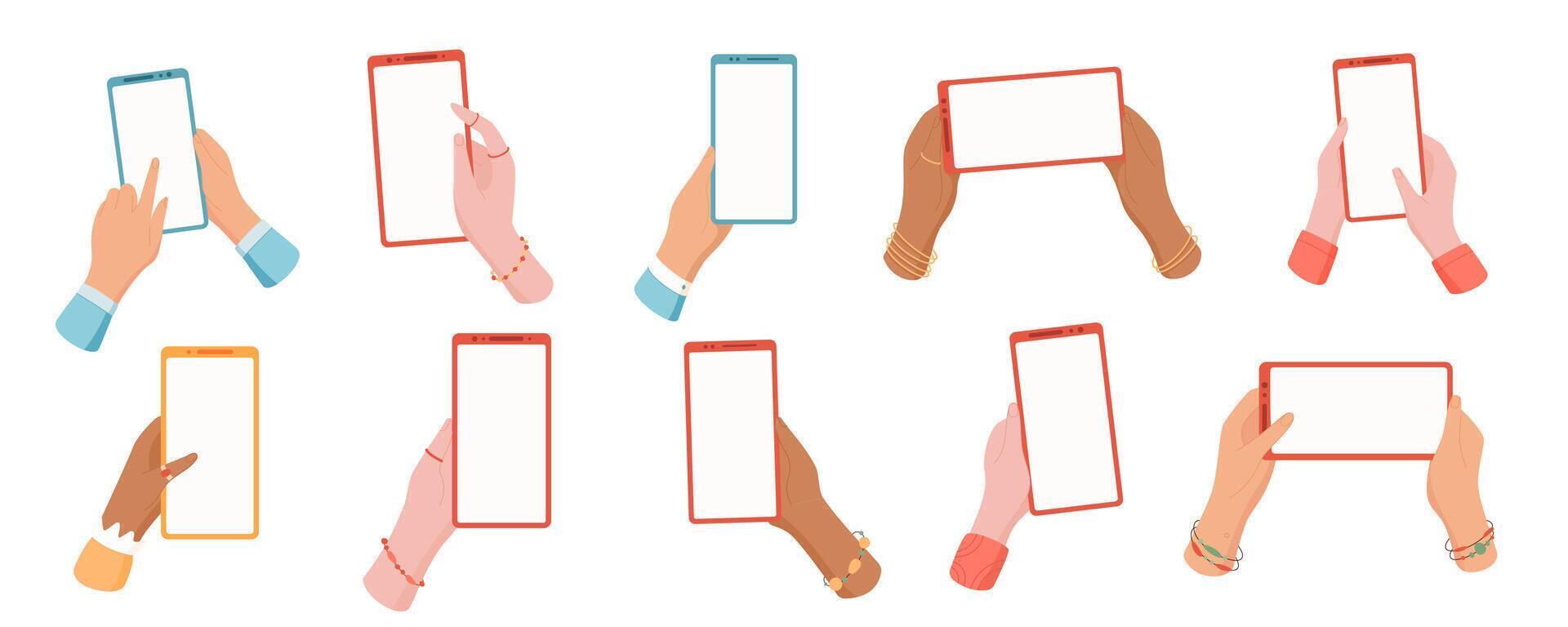 Smartphone hand cartoon set isolated with digital device and empty screen. Diverse hands hold and touch technology for media, online communication. Ideal for illustrating digital interaction themes. vector