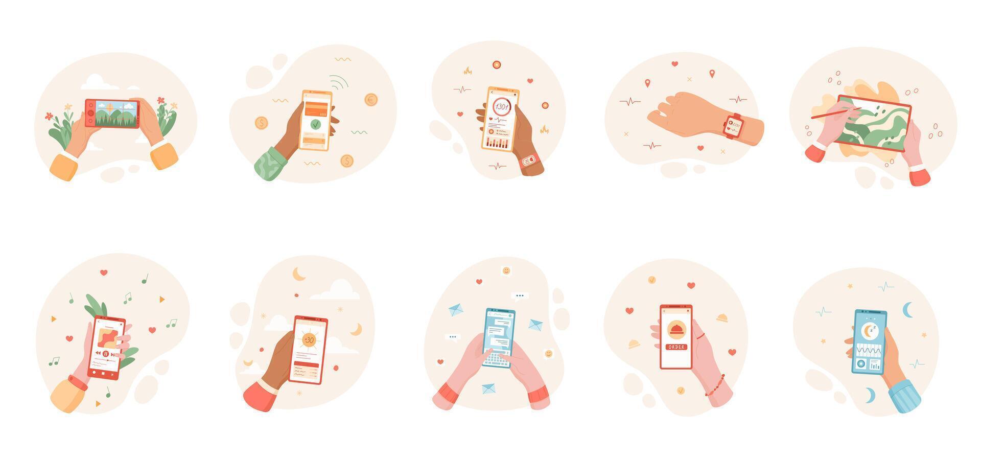 Set of user holding smartphone in hand, touching app on phone screen. Engaging with media content online, sharing features, and exploring design. Concept of technology, and social media vector