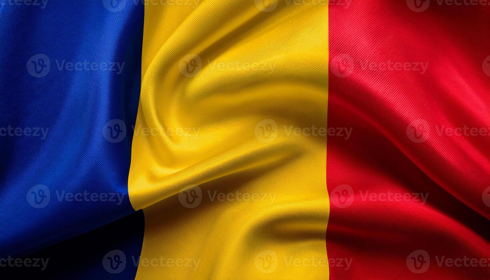 Romania national flag with realistic fabric texture and smooth folds waving in the wind. photo