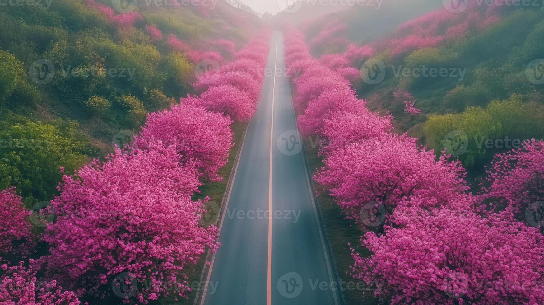 Pink blossom trees line road. Aerial view of colorful trees along the path. Spring scene. Flowers bloom in outdoor nature. Foggy morning light. photo