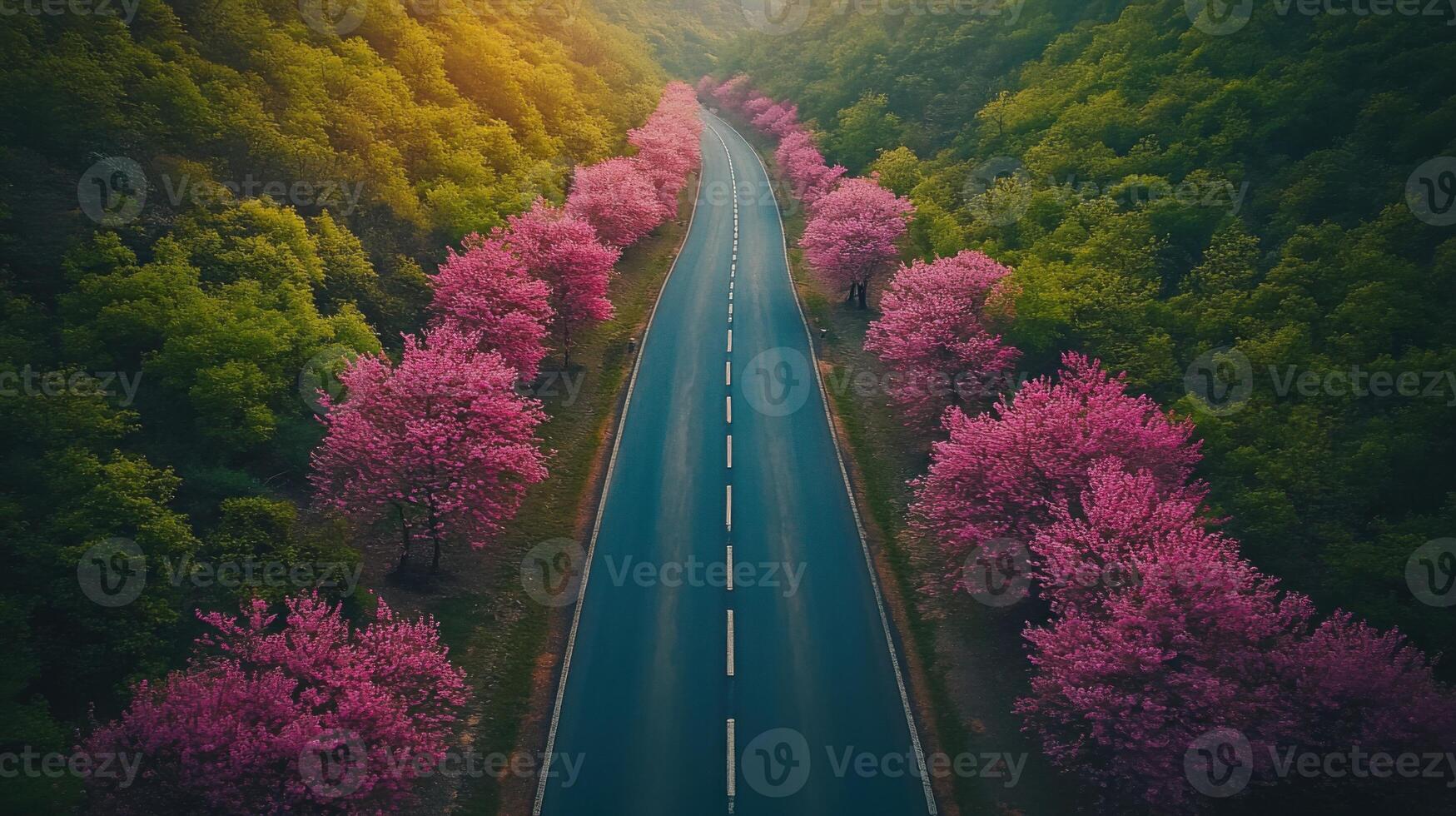 Road with trees in bloom. Spring landscape with flowering trees. Aerial view of road through forest with pink blossom. Travel and nature scene. photo