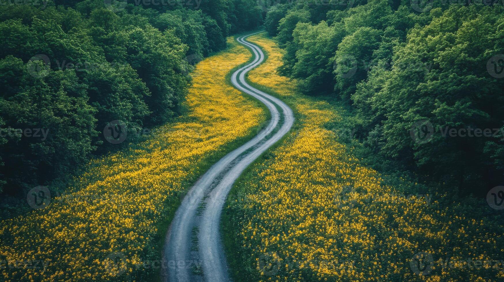 Forest path with yellow flowers. Winding road through the trees. Green nature scene in spring. Country road in bloom. photo