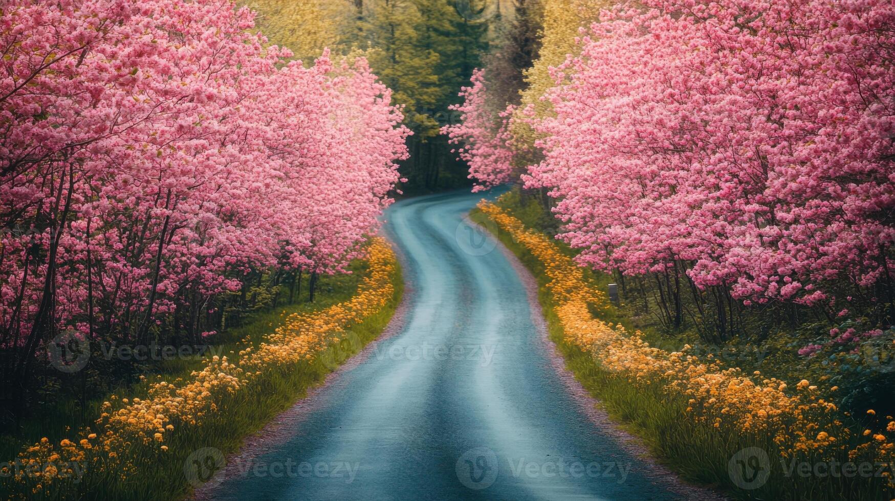Pink trees line country road. Beautiful blossom in spring. Nature scene of winding path through forest. Road with flowers on side. photo