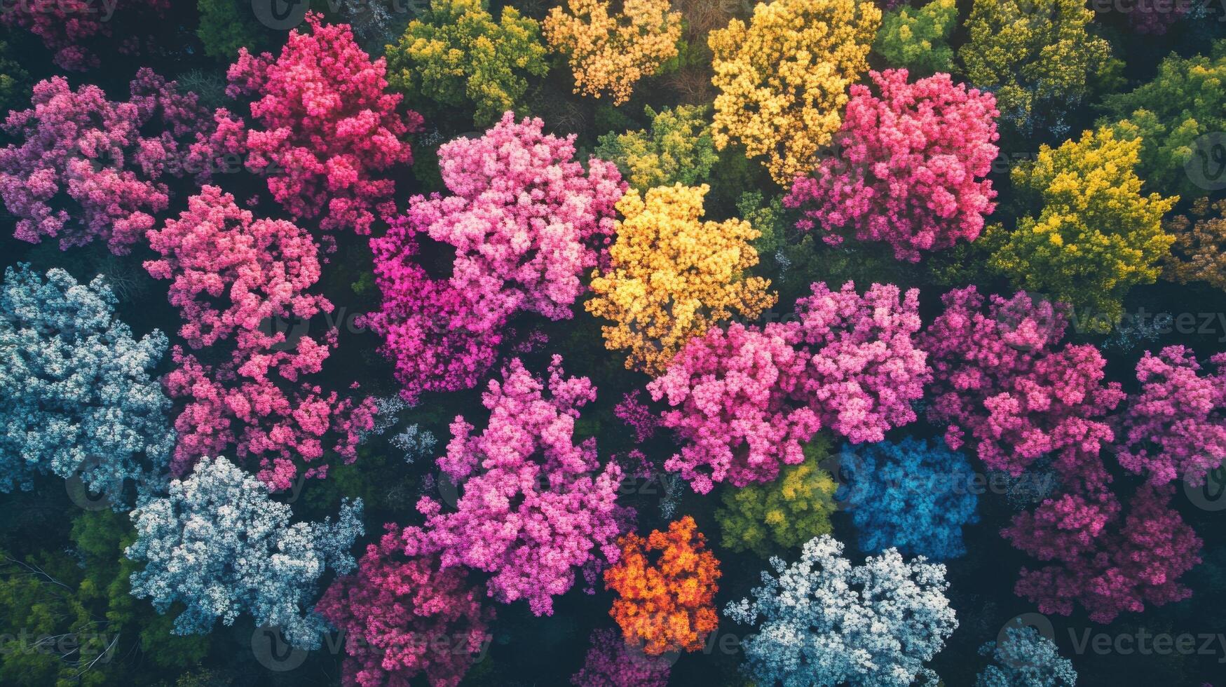 Colorful Forest Trees From Above. Many Different Color. Woods. Spring season. Top down view. Aerial Shot. Outdoor. Nature landscape. photo