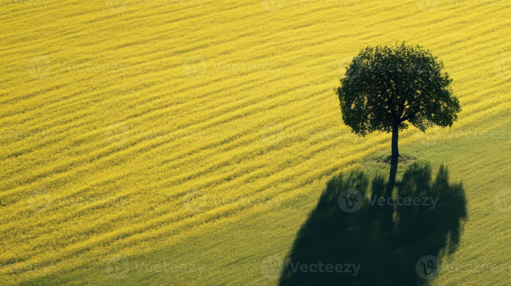 Lonely green tree stands in bright yellow flower field. Sunlight casts long shadow. Country landscape. Summer day view from above. Nature scenery. photo