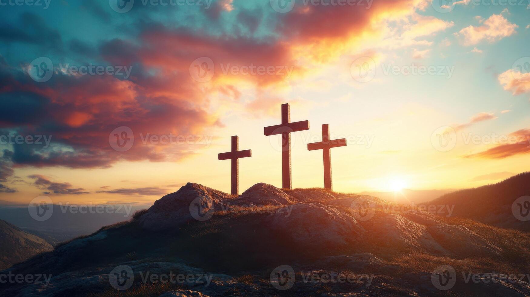 Three crosses stand on a hill. Sunset sky background. Religious symbol. Good Friday. Easter Sunday. The crucifixion of Jesus. Christian faith concept. Worship place. photo