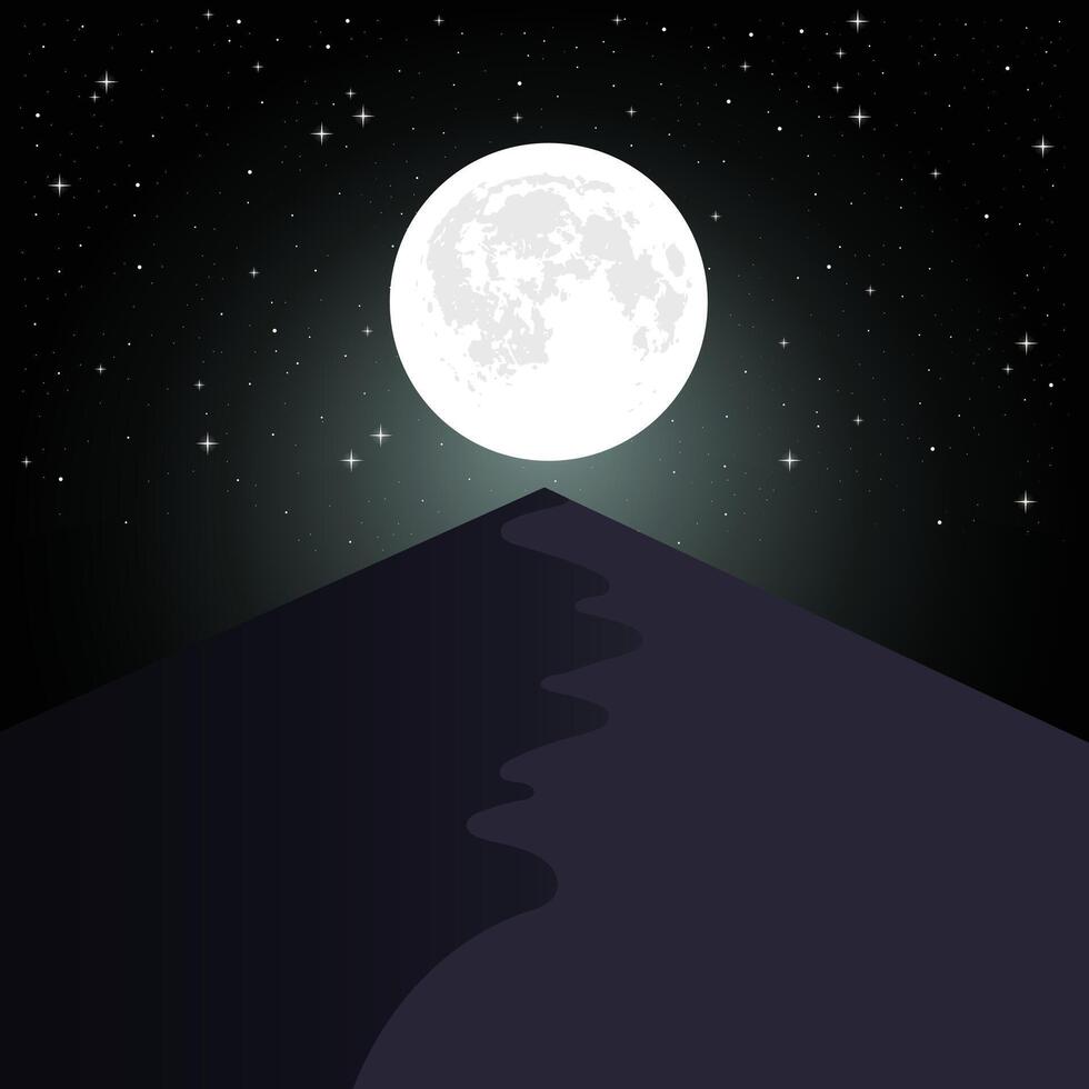 A serene night-time illustration featuring a glowing full moon above a dark desert mountain. The sky is adorned with twinkling stars, creating a peaceful and mystical atmosphere. vector