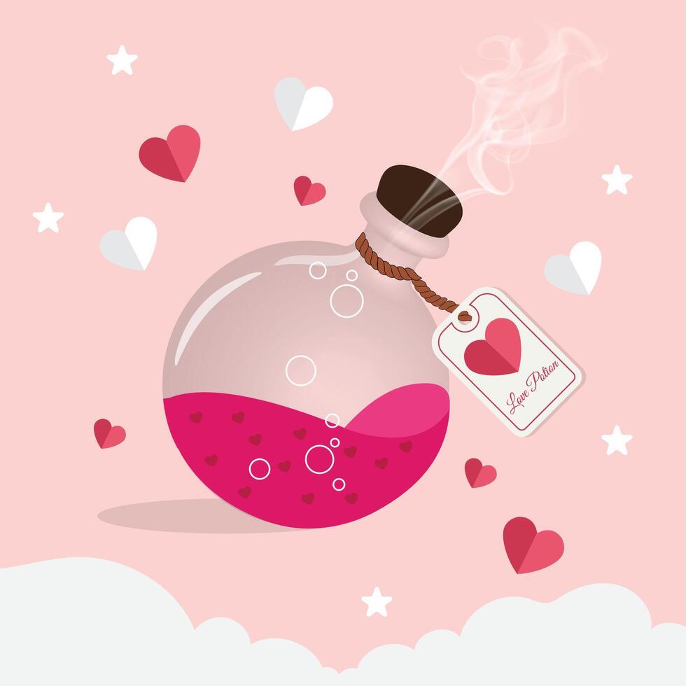 Illustration of a glass potion bottle filled with a vibrant pink liquid adorned with tiny heart patterns.The bottle is sealed with a cork,emitting a soft,dreamy mist,and has a tag labeled Love Potion. vector