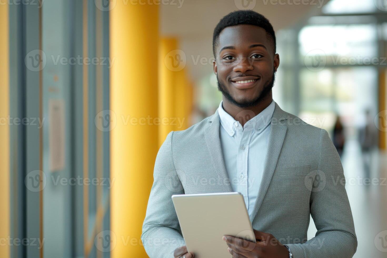 Smiling man in jacket holding a tablet. Business person with digital device. Happy person using technology. Professional with warm expression. photo