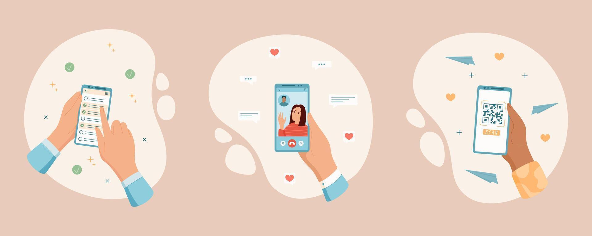 User holds smartphone in hand for chat application. Set of compositions with social message through gesture and digital content. Concept of online communication, technology, and user experience. vector