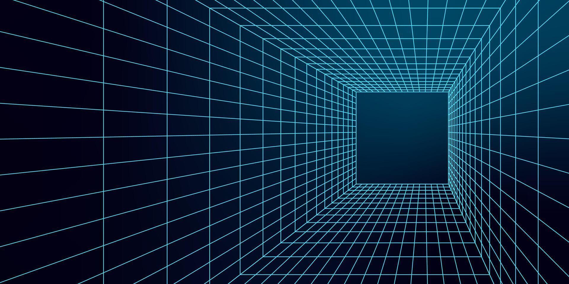 Abstract 3D mesh grid forming a geometric wireframe tunnel. Futuristic y2k tech portal design with sharp lines creating depth in neon blue, giving a retro cyberpunk vibe. Digital geometry. vector