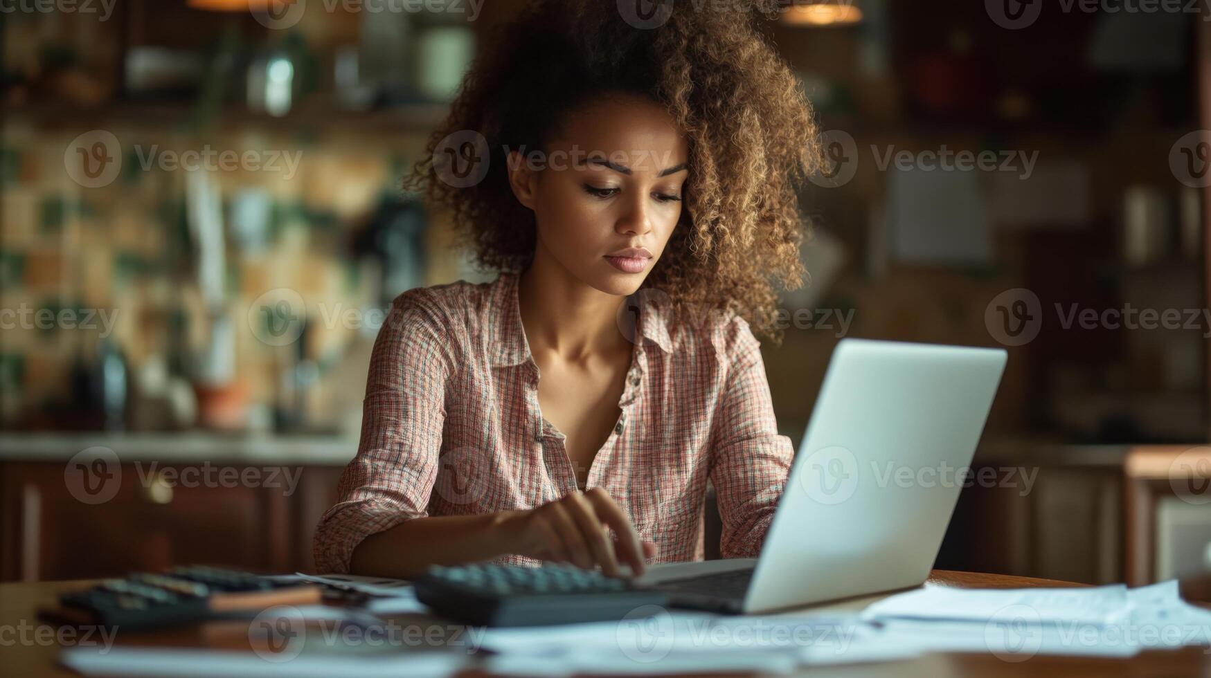 Woman at desk works on computer. Person with papers uses calculator for work. Finance and business concept with technology. Focus on screen. photo
