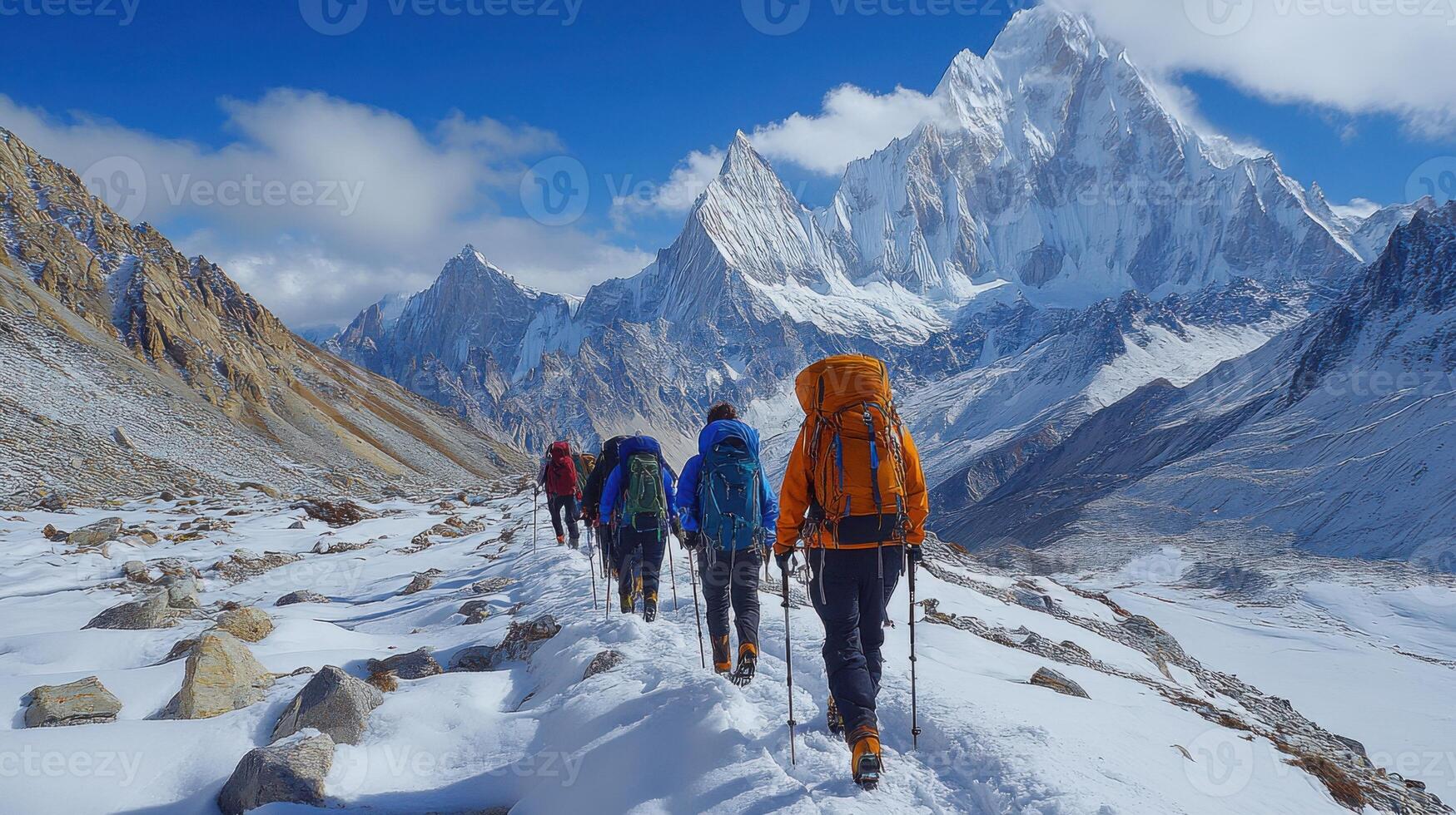 People Hiking Snowy Mountain. Group of Hikers Walking on Snow. Mountain Trekking Adventure. Winter Landscape View. Backpackers Climb Peak. photo