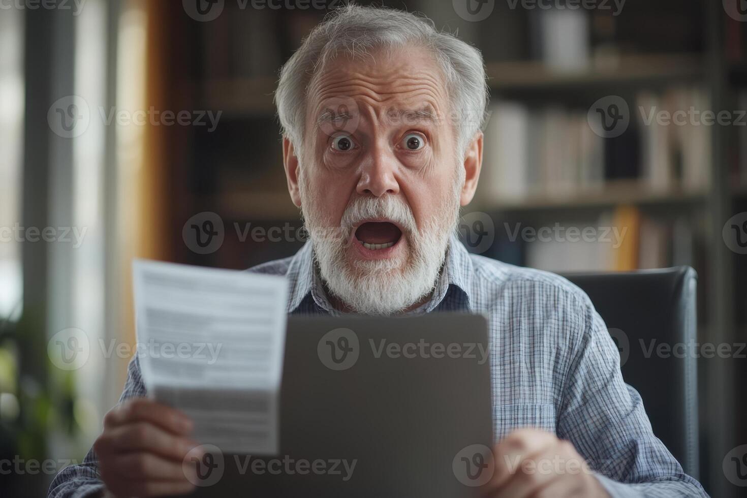 Older Man Looks Shocked. Man Reads Letter With Surprised Expression. Mature Man Is Stunned While Looking At Document. Person Reacts To Paper Message. photo