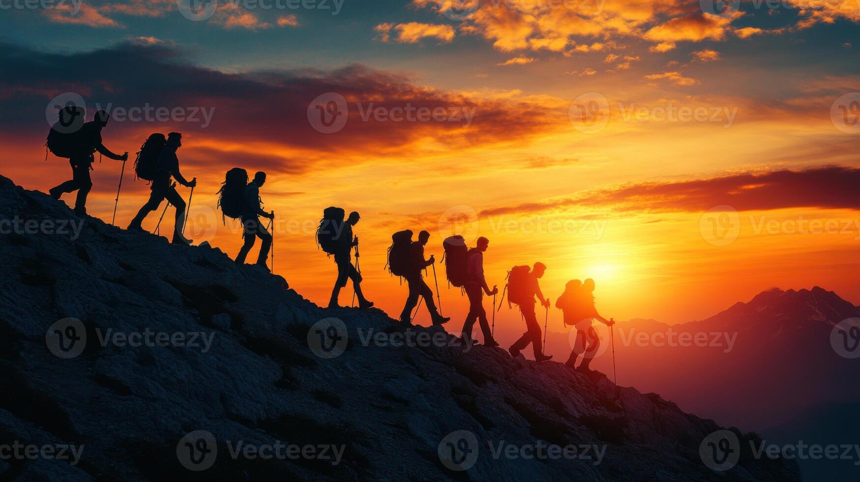 Team Climbing on sunset. Hikers Silhouette. Group Walking Mountain. People with Backpacks Hike at Sunset. Adventure and Travel in Nature. photo
