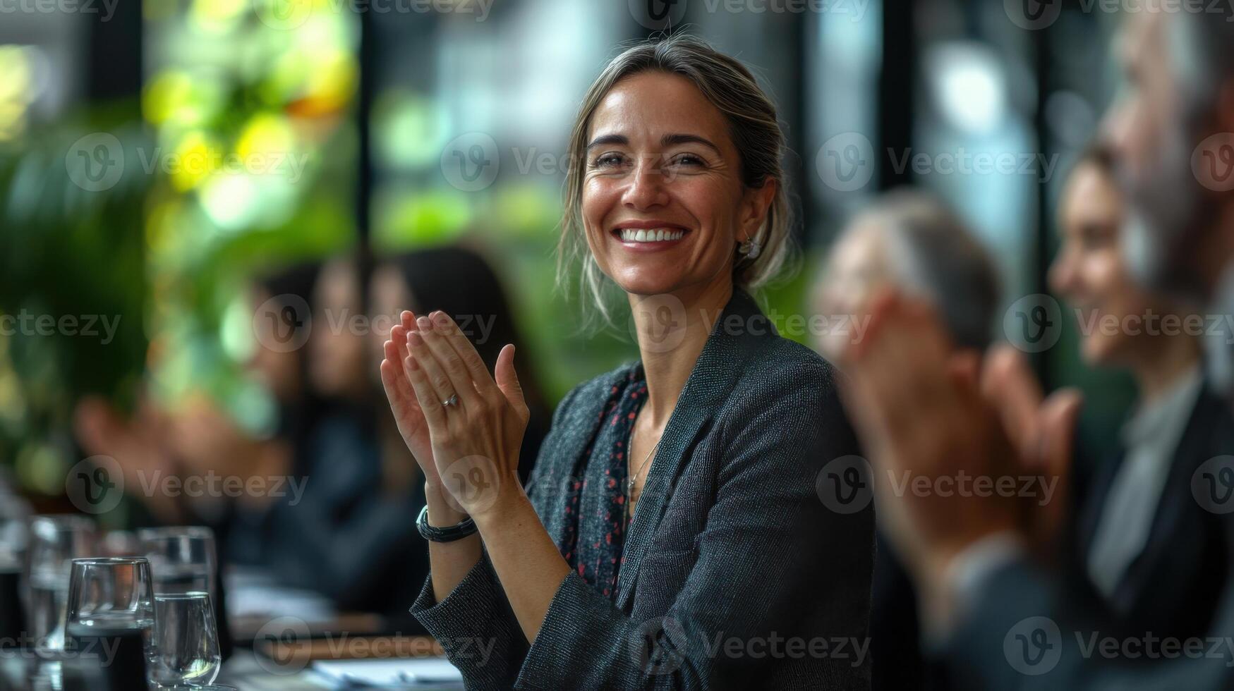 Happy business woman. Group of people clapping. Success in corporate meeting. Teamwork and smiling. Business concept with good results. photo