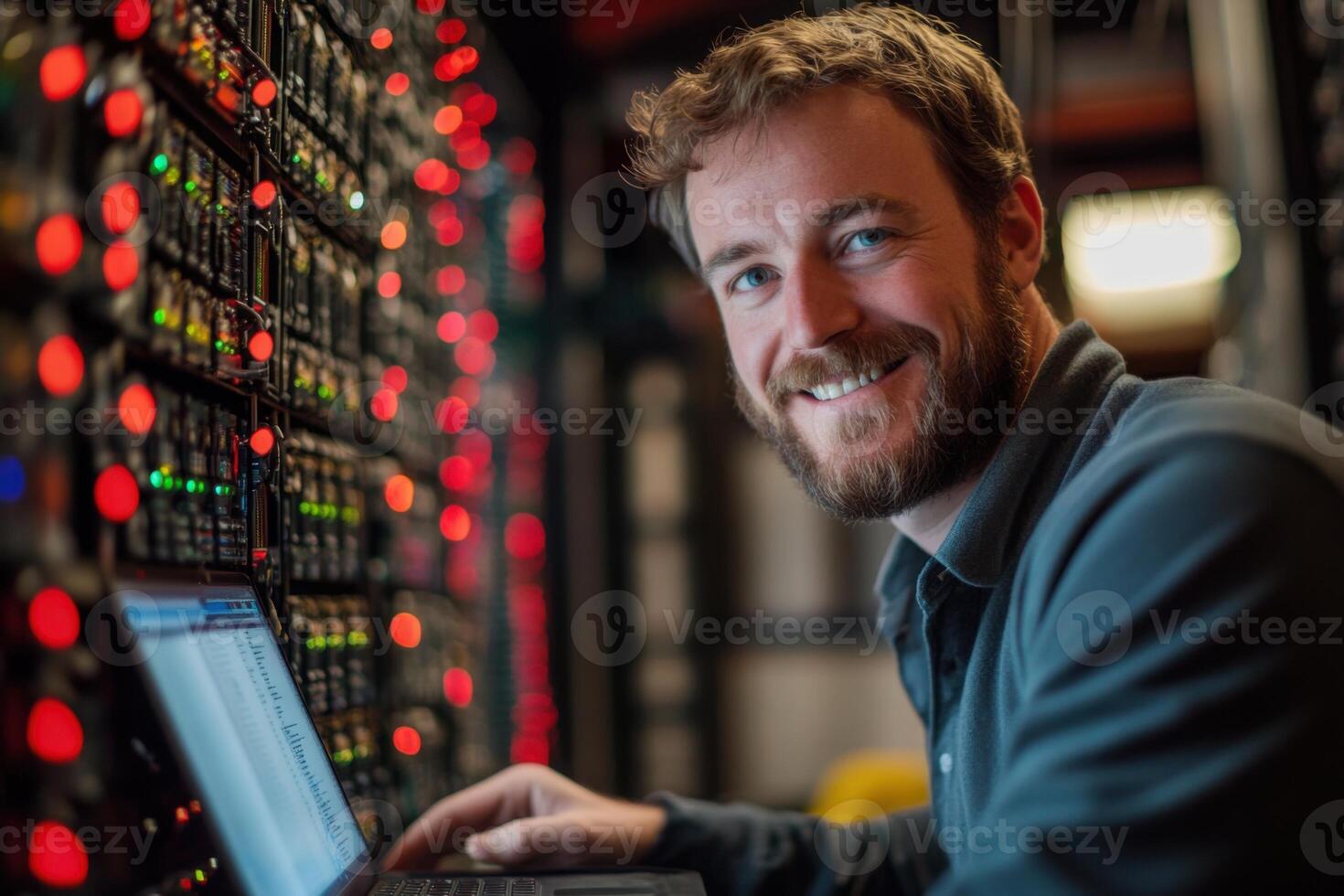 Server room. Man looks at camera while working on laptop. Data center with blinking lights. Technology and computers. photo