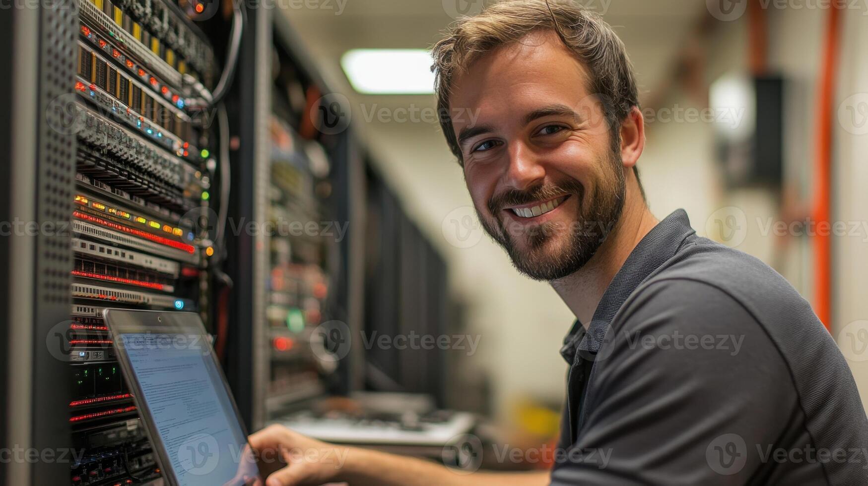 Server room. Technician works with equipment. Man smiles with tablet near racks. Computer system. Network service. IT infrastructure. Data center. Internet connection. System admin. photo