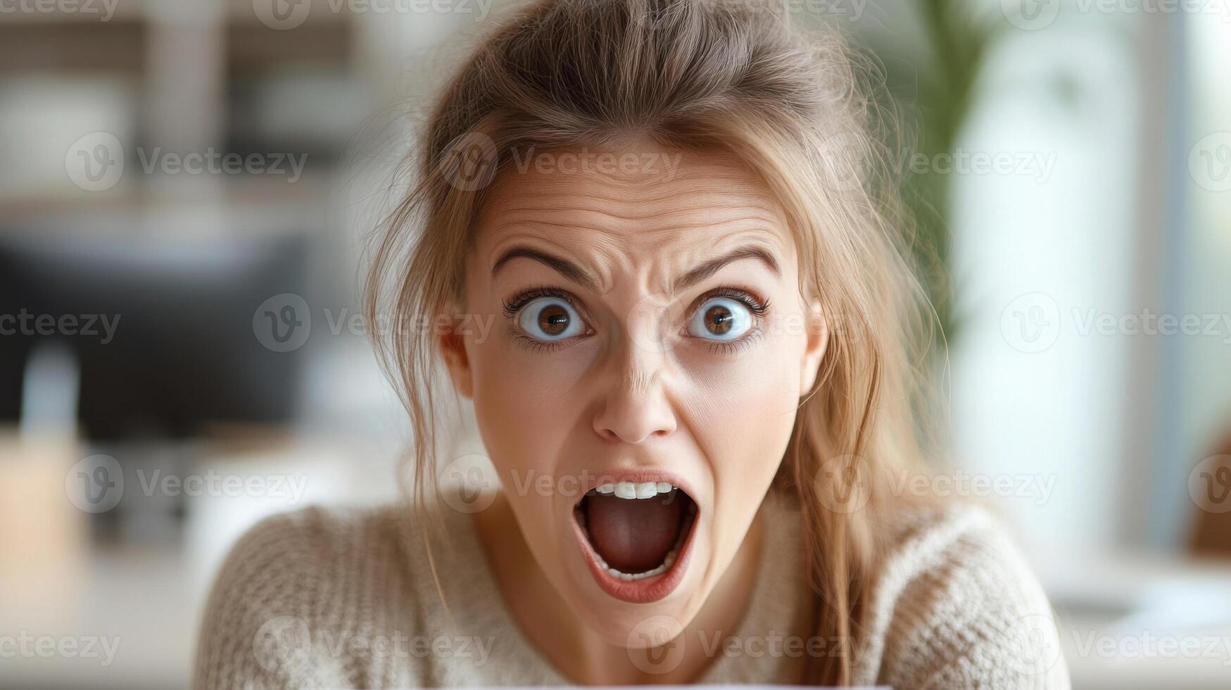 Woman with wide eyes and open mouth is in shock. She is surprised, scared, or angry. Office background is blurred and out of focus. photo