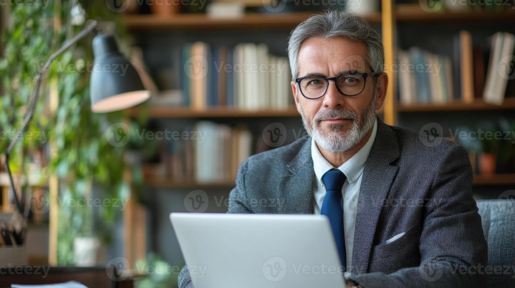 Man with computer looks at camera. Grey hair. Bookshelves in the background. Lamp and plants. Office setting. Professional man at desk. Working man portrait. photo
