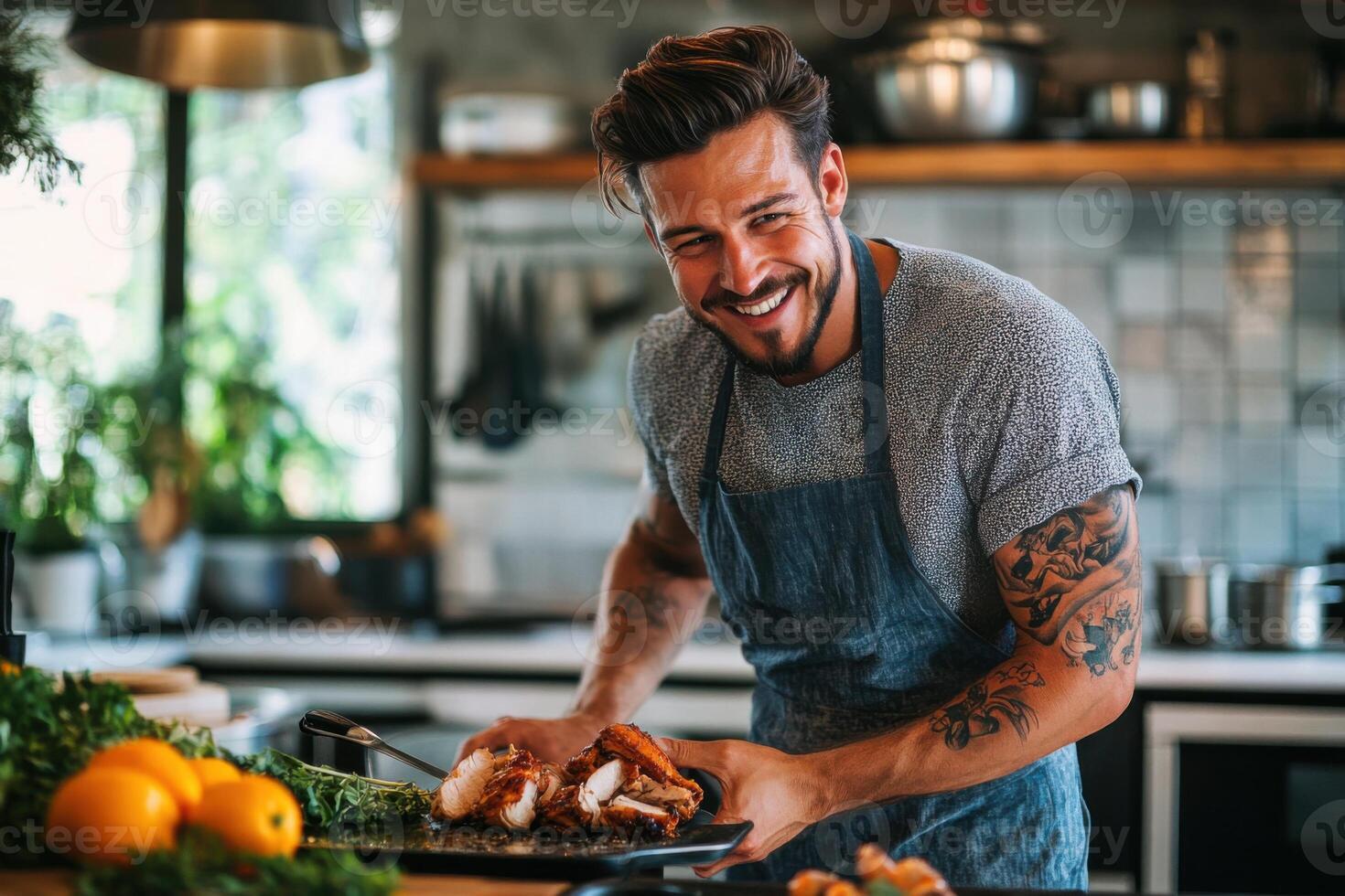 Man in apron smiles in the kitchen. He holds a plate with cooked poultry and vegetables. Fruits lie nearby. Light fills room. photo