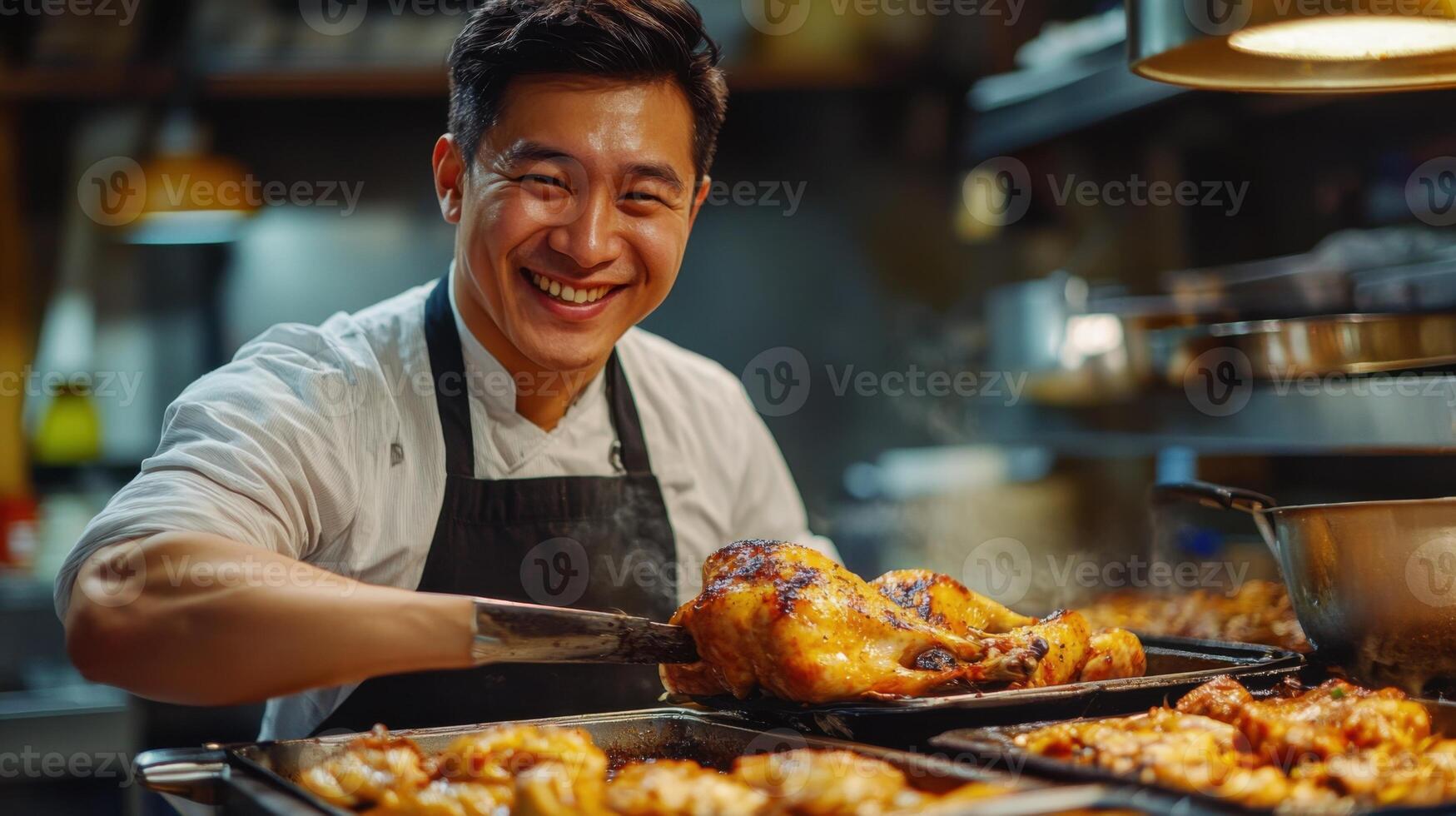 Human Chef With Built-In Metal Arm Cooking Chicken On Grill. Chef smiles while taking hot chicken from the oven. Professional kitchen with tasty food. photo