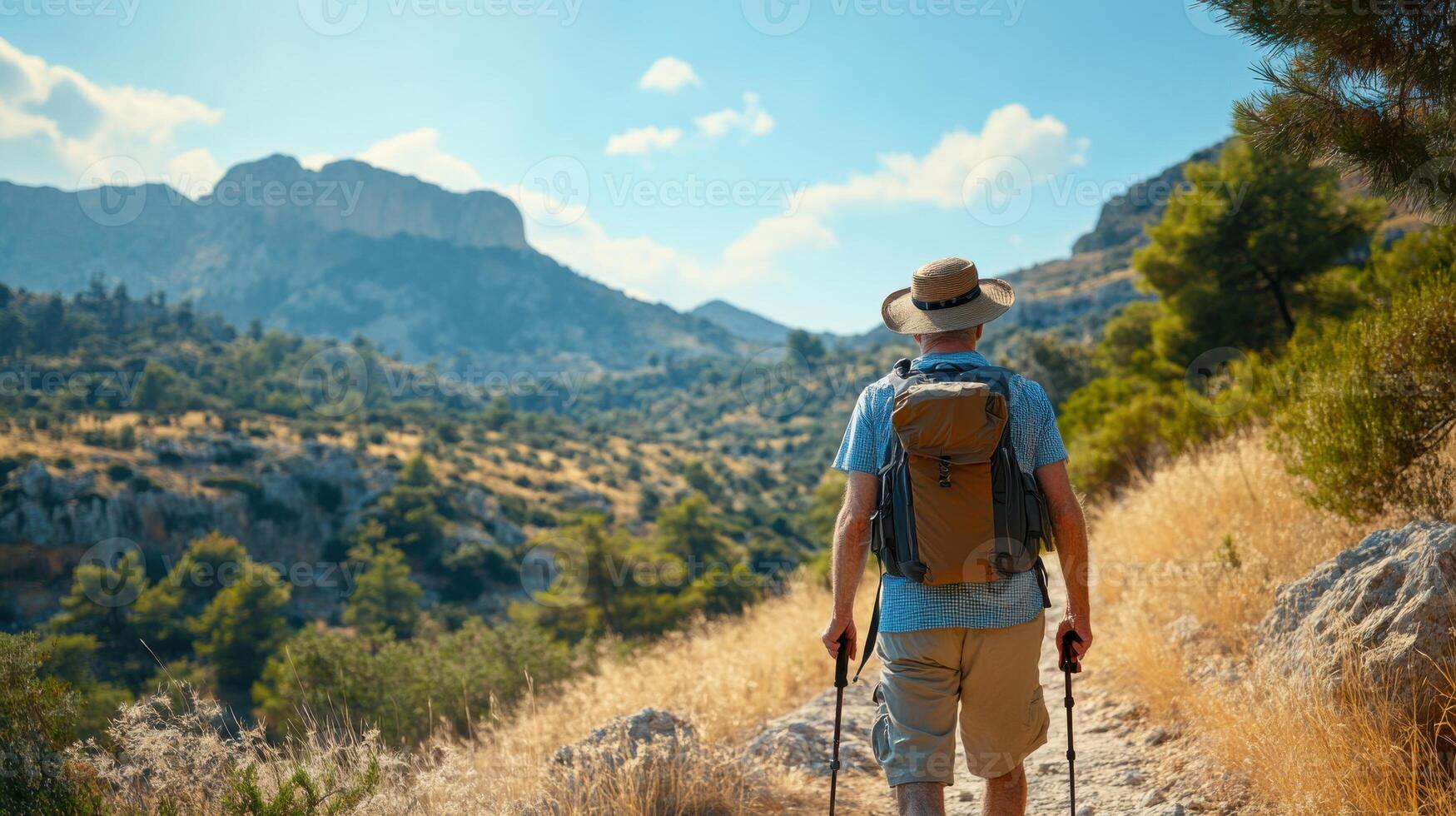 Man hiking mountain trail. Back view of senior man walking in nature. Sunny day hike. Active outdoor lifestyle and healthy journey. photo