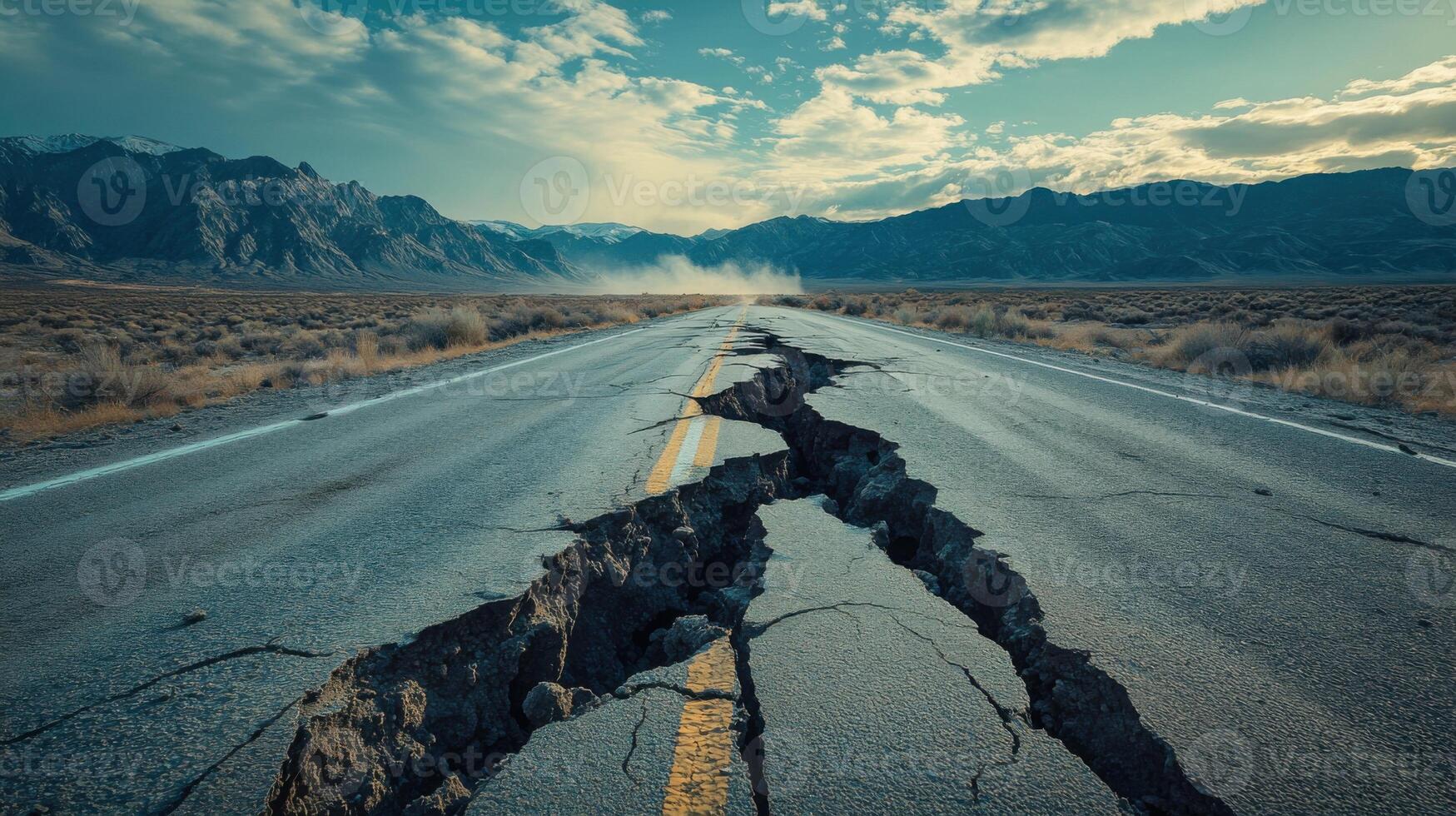 Cracked road surface. Earthquake damage. Broken asphalt on highway. Landslide with open sky and mountains. Disaster and destruction on country road. photo