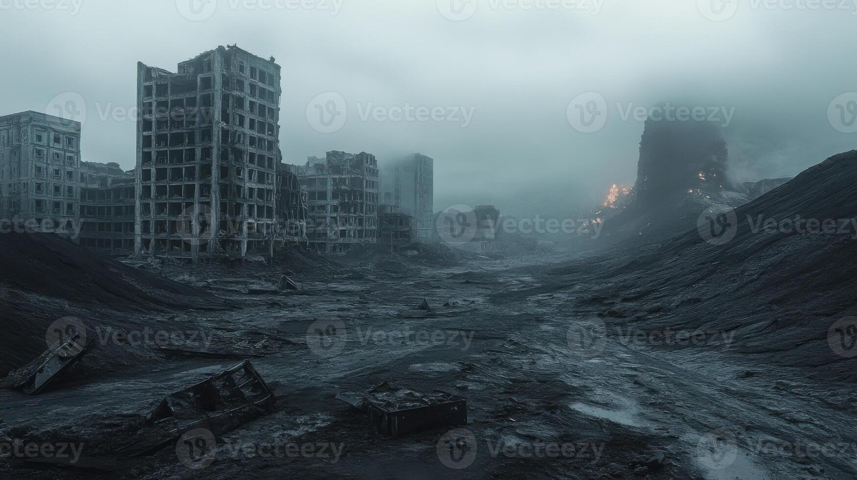 Ruined City. Destroyed buildings after war. Dark landscape. Apocalypse. Disaster area. Foggy weather. Fire in background. photo