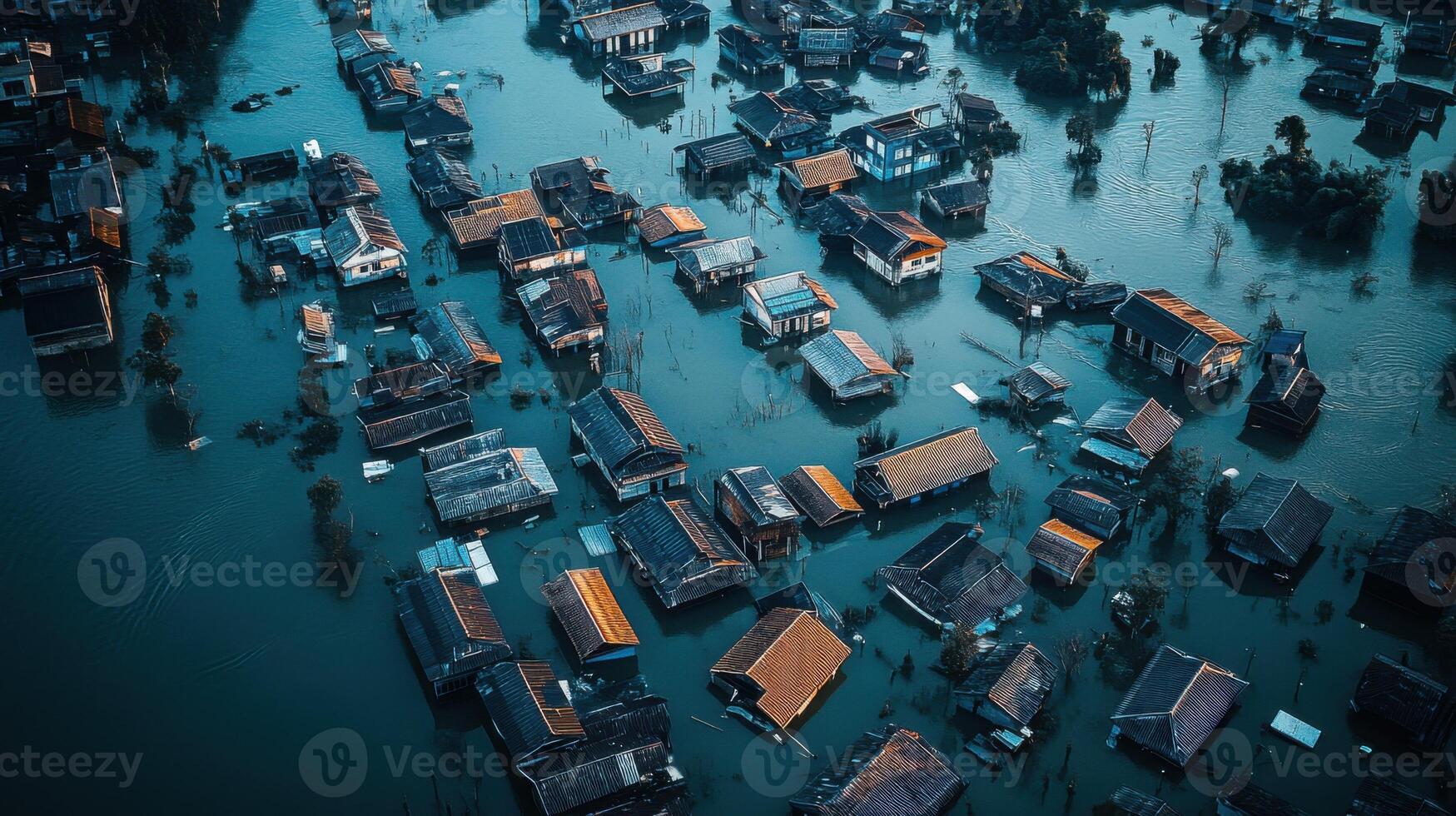 Aerial view of flooded houses after heavy rain. Flood disaster water covers the village and surrounding areas. Natural disaster with damage to home. photo