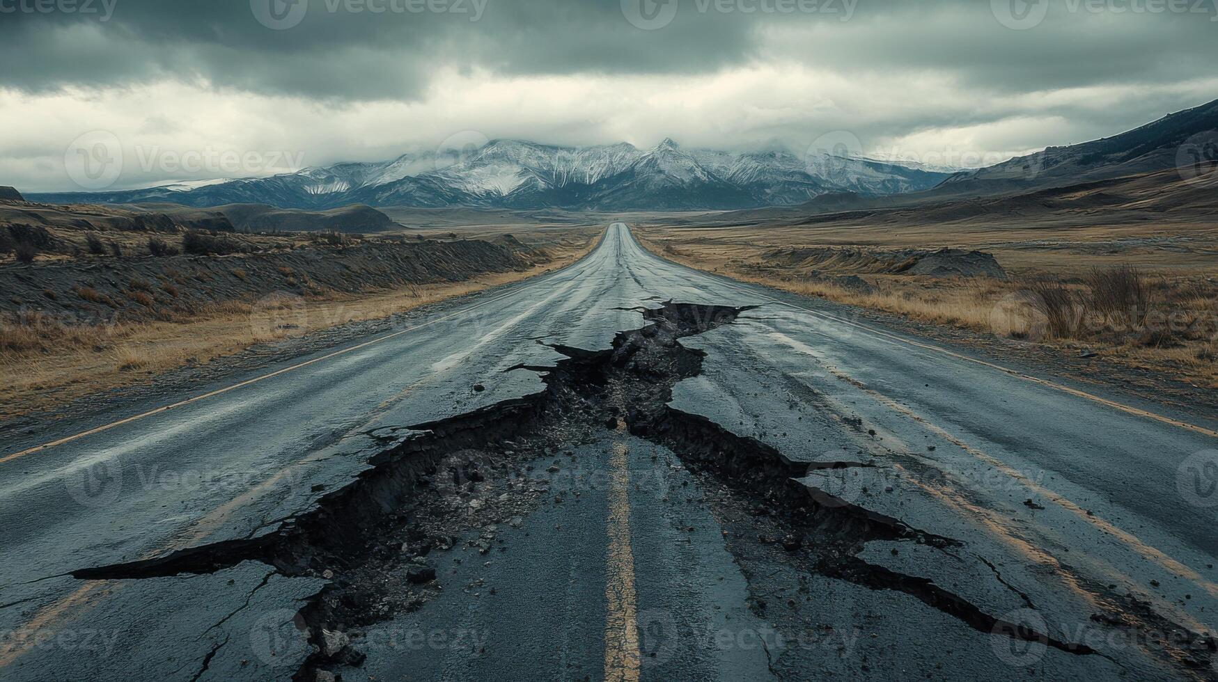 Cracked Road. Broken Asphalt. Mountains in Distance. Dark Sky. Road Damage. Earthquake Fault. Natural Disaster. Geological Event. Landscape View. Highway Problems. photo