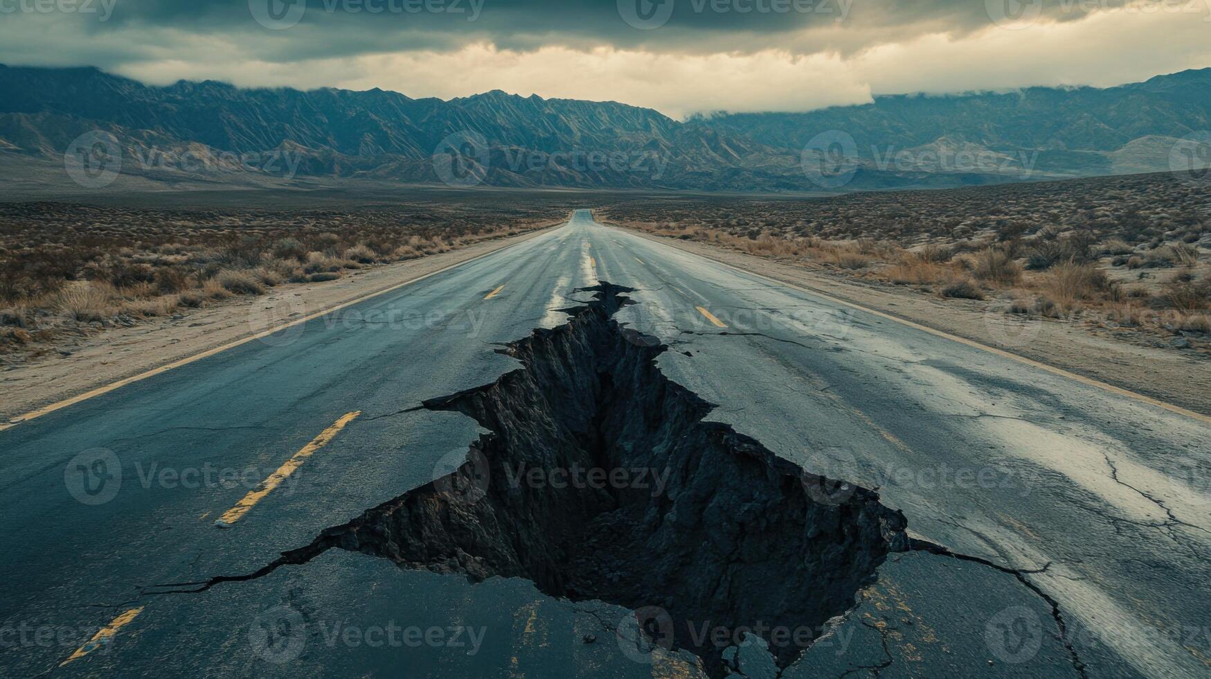 Cracked Road Disaster. Large crack in the road. Mountains in the background. Destruction caused by nature. Dangerous trip. Road split. Land collapse. photo
