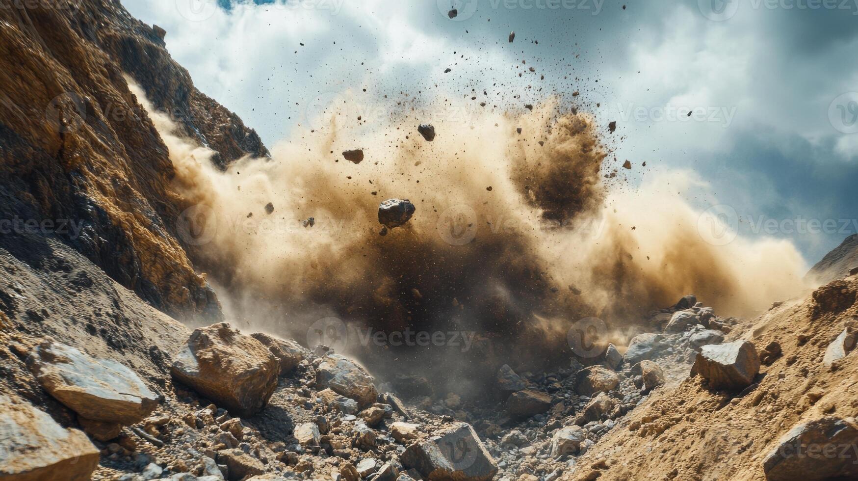 Mountain rocks falling down. Landslide. Natural disaster in mountains. Big stones flying. Danger in mountains. Ground collapsing. Dust and debris falling. photo