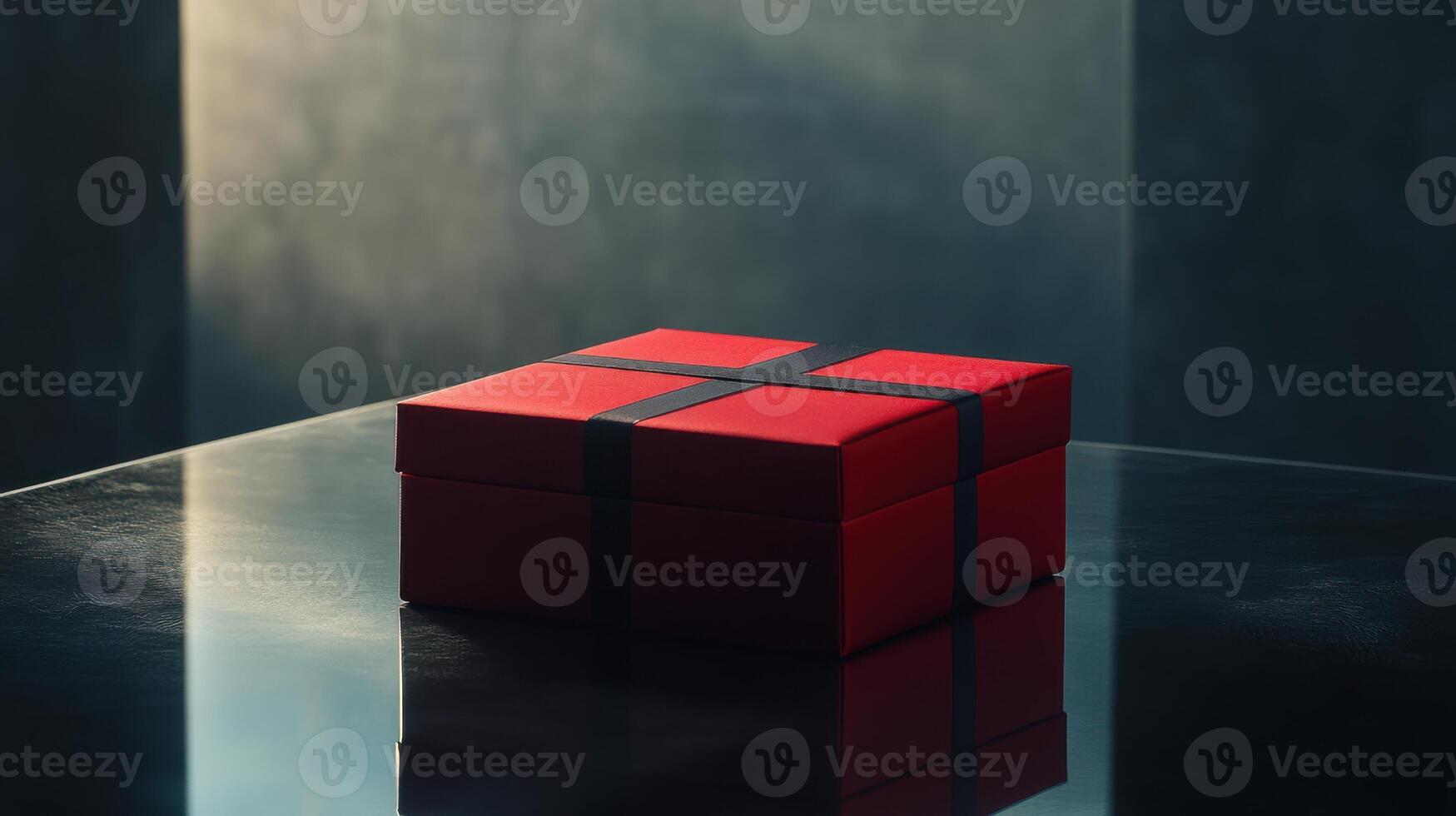Red gift box. Dark background. Gift with ribbon. Square package. Surprise present. Simple gift. Black ribbon detail. Shiny reflection. photo