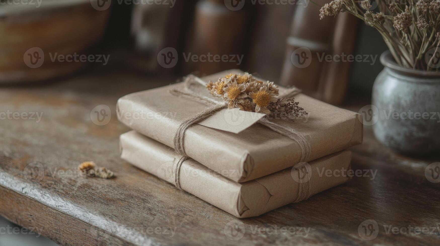 Wrapped Gifts Stacked on Wooden Surface. Brown Paper Packages Tied With String. Small Flowers Decorate. Still Life Arrangement. Simple and Rustic. photo