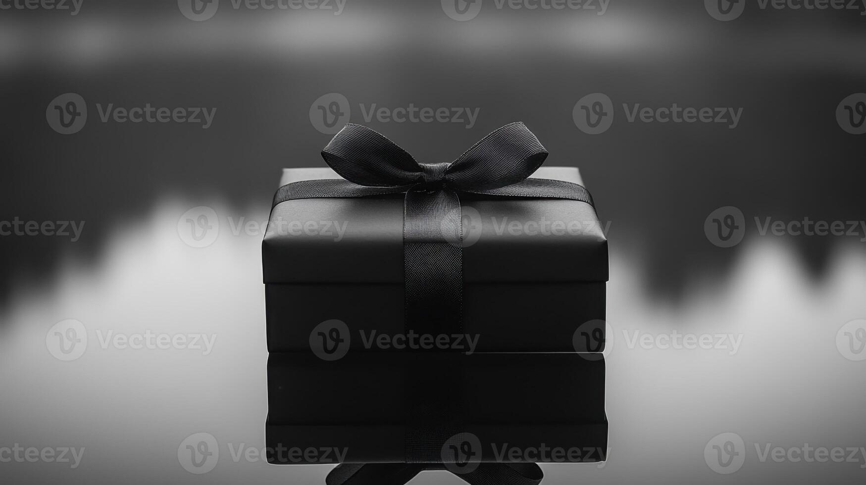 Black gift box. Dark ribbon bow. Shiny surface. Simple present. Celebration concept. Giving a gift. Surprise object. Black and white tone. photo