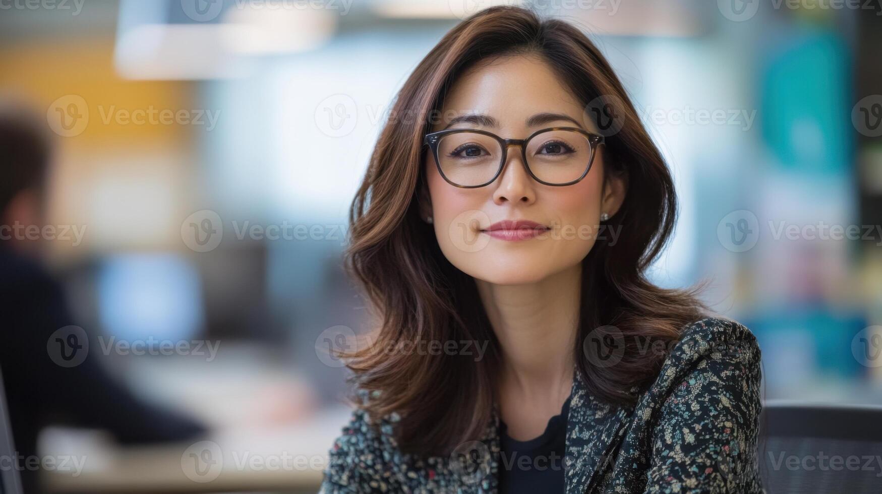 Woman portrait. Smiling face. Glasses on. Office background. Indoor. Natural look. Business style. Professional at work. Calm mood. Happy person. Looking at camera. photo