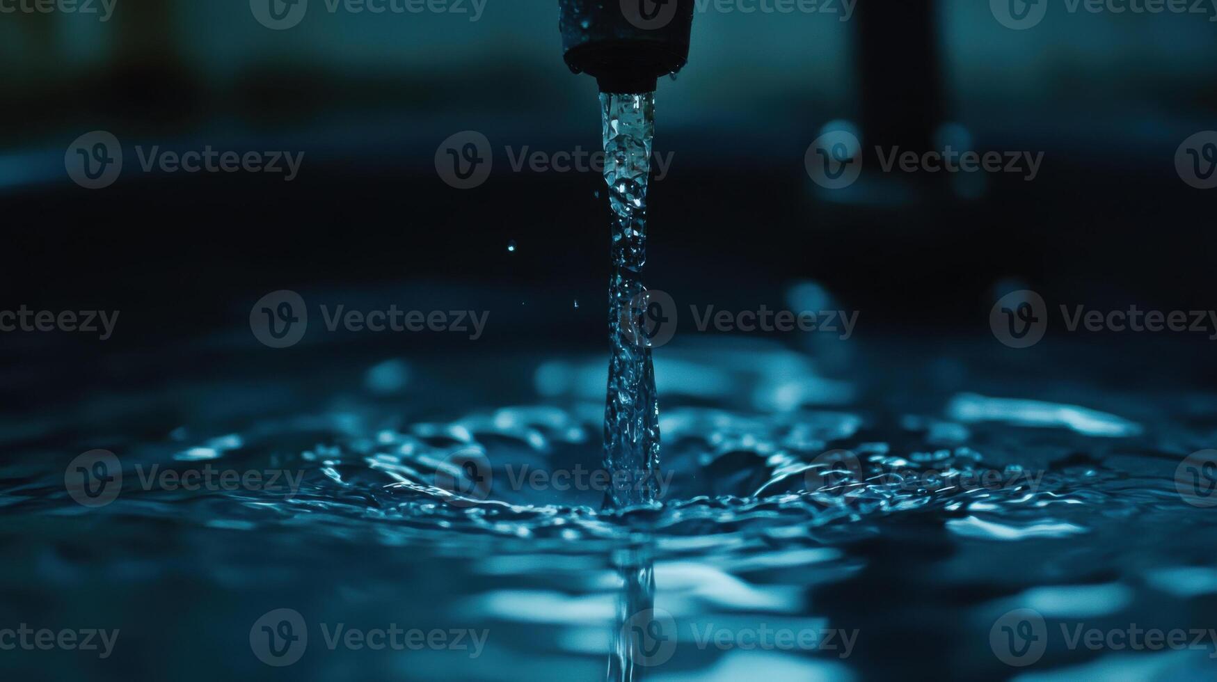 Water flowing. Clear liquid. Blue tones. Reflection on surface. Ripple effect. Drinkable tap water. Hydration concept. Droplets and motion. Abstract shapes. Close up image. Simple. photo