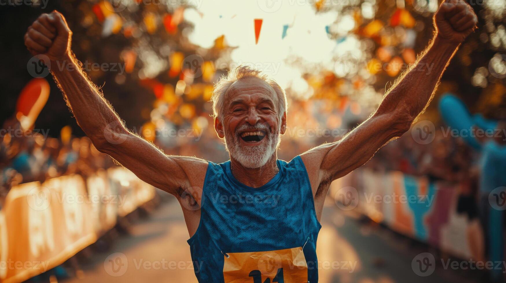 Senior man winning race. Happy runner celebrates finish line with arms up. Crowd cheers for marathon champion. Victory and healthy lifestyle. photo