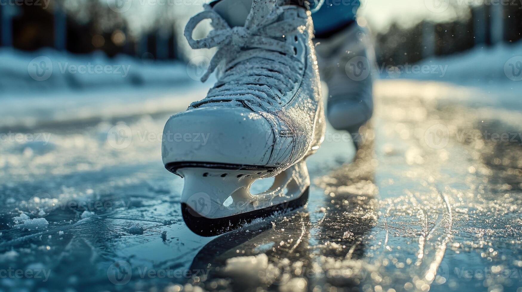 Ice skates detail on frozen surface. Winter activity and recreation on cold season. Skating on ice. White boots sliding on a pond. photo