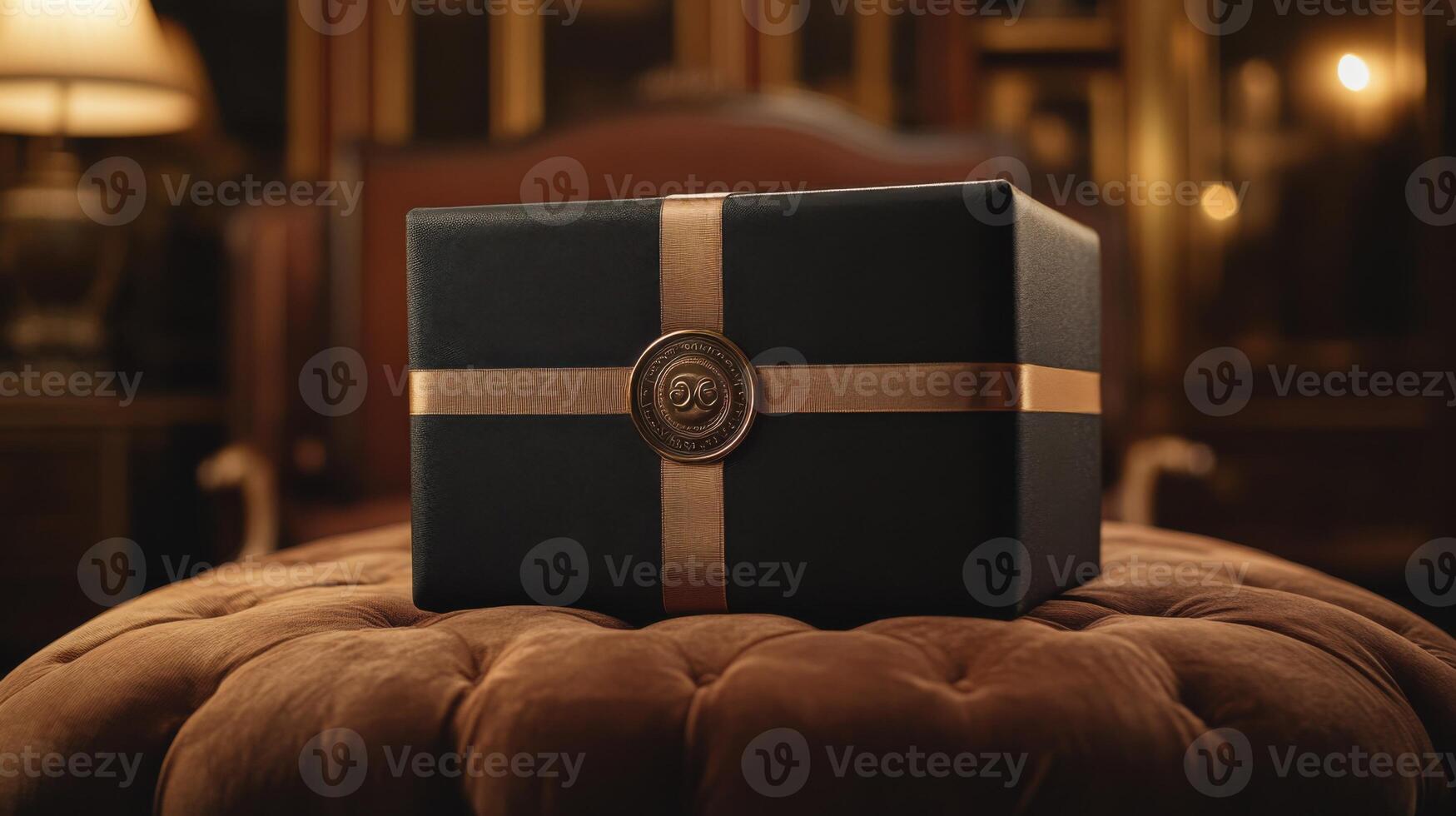 Black gift box sits on a brown pillow. Gold ribbon around the box. Elegant present in a luxury setting. Dark brown background with lamp. photo